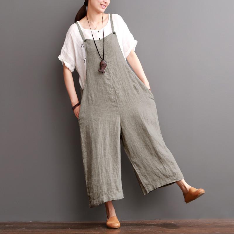 Cotton Linen Sen Department Causel Loose Overalls Big Pocket Maxi Size