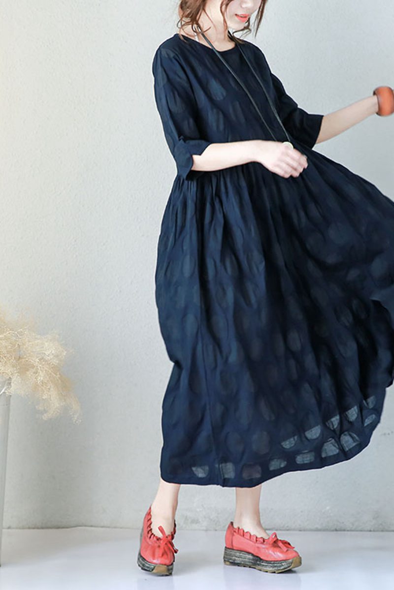 Blue Plus Size Casual Cotton Linen Dresses For Women Q9043