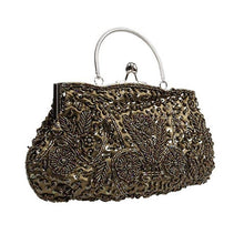 Load image into Gallery viewer, Beaded Sequin Design Metal Frame Kissing Lock Satin Interior Evening Clutch - FantasyLinen
