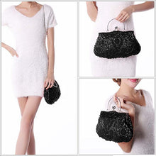 Load image into Gallery viewer, Beaded Sequin Design Metal Frame Kissing Lock Satin Interior Evening Clutch - FantasyLinen