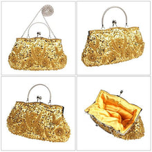 Load image into Gallery viewer, Beaded Sequin Design Metal Frame Kissing Lock Satin Interior Evening Clutch - FantasyLinen