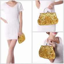 Load image into Gallery viewer, Beaded Sequin Design Metal Frame Kissing Lock Satin Interior Evening Clutch - FantasyLinen