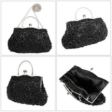 Load image into Gallery viewer, Beaded Sequin Design Metal Frame Kissing Lock Satin Interior Evening Clutch - FantasyLinen