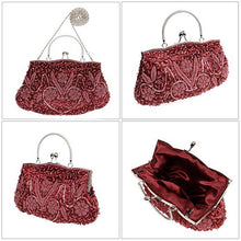 Load image into Gallery viewer, Beaded Sequin Design Metal Frame Kissing Lock Satin Interior Evening Clutch - FantasyLinen