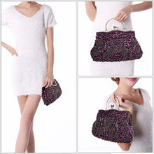 Load image into Gallery viewer, Beaded Sequin Design Metal Frame Kissing Lock Satin Interior Evening Clutch - FantasyLinen
