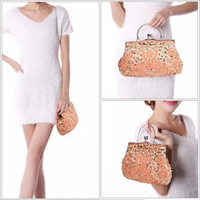 Load image into Gallery viewer, Beaded Sequin Design Metal Frame Kissing Lock Satin Interior Evening Clutch - FantasyLinen