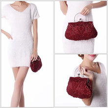 Load image into Gallery viewer, Beaded Sequin Design Metal Frame Kissing Lock Satin Interior Evening Clutch - FantasyLinen
