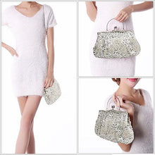 Load image into Gallery viewer, Beaded Sequin Design Metal Frame Kissing Lock Satin Interior Evening Clutch - FantasyLinen