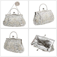 Load image into Gallery viewer, Beaded Sequin Design Metal Frame Kissing Lock Satin Interior Evening Clutch - FantasyLinen