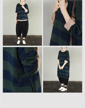 Load image into Gallery viewer, Green Stripe Long Cotton Top Loose Sweater Dress Women Clothes S230A - FantasyLinen