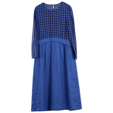 Load image into Gallery viewer, Women Linen Blue Checked Patchwork Dress