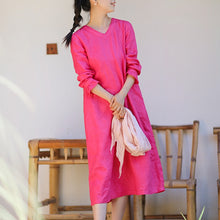 Load image into Gallery viewer, Women Loose Linen v-Neck Girdle Dress