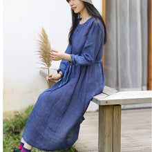 Load image into Gallery viewer, Women Linen Blue Checked Loose Drawstring Waist Dress