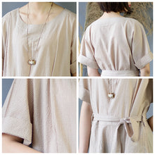 Load image into Gallery viewer, Women's Pinstripe Round Neck Waist Drawstring Maxi Dress