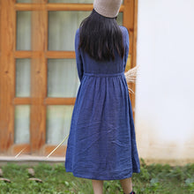 Load image into Gallery viewer, Women Linen Blue Checked Loose Drawstring Waist Dress