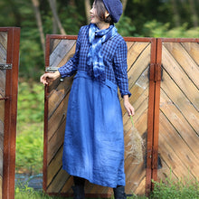 Load image into Gallery viewer, Women Linen Blue Checked Patchwork Dress