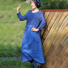 Load image into Gallery viewer, Women Linen Blue Checked Patchwork Dress