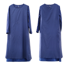 Load image into Gallery viewer, Women Linen Blue Checked Patchwork Dress