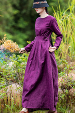 Load image into Gallery viewer, Women&#39;s Simple Linen Purple Collect Waist Maxi Dress
