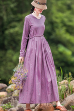 Load image into Gallery viewer, Women's Linen Pure Color V Neck Waist Drawstring Dress