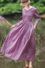 Load image into Gallery viewer, Women's Linen Pure Color V Neck Waist Drawstring Dress