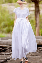 Load image into Gallery viewer, Women's Casual Linen Pure Color Waist Drawstring Dress