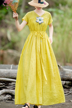 Load image into Gallery viewer, Women's Casual Linen Pure Color Waist Drawstring Dress