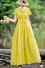 Load image into Gallery viewer, Women's Casual Linen Pure Color Waist Drawstring Dress