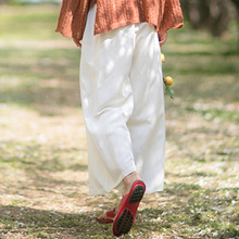 Load image into Gallery viewer, Women White Linen Elastic Waist Wide Leg Pants