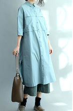 Load image into Gallery viewer, Blue Long Cotton Shirts for Women 3/4 Sleeve Loose Shirt C2071 - FantasyLinen