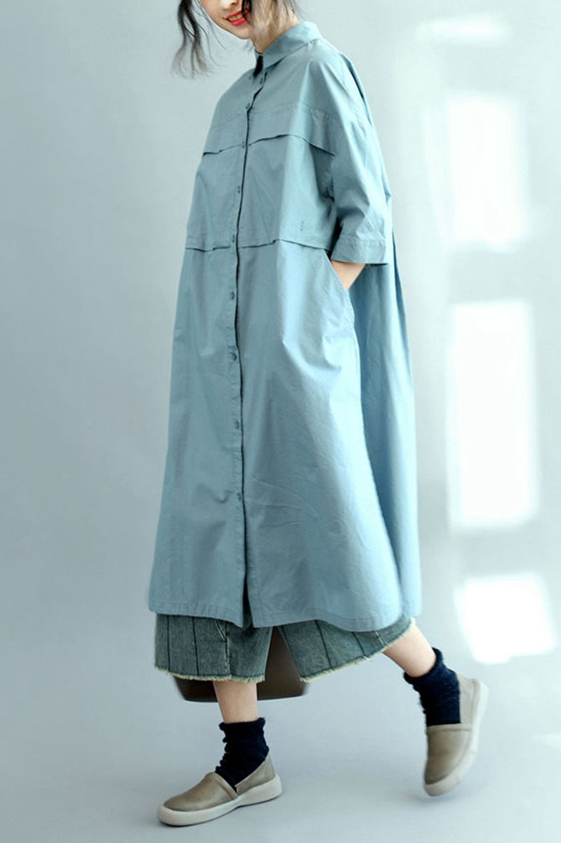 Blue Long Cotton Shirts for Women 3/4 Sleeve Loose Shirt Blue Long Cotton Shirts for Women 3/4 Sleeve Loose Shirt