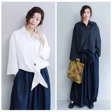 Load image into Gallery viewer, White/Black Lace-up Casual Loose Shirt Women Tops 163018 - FantasyLinen