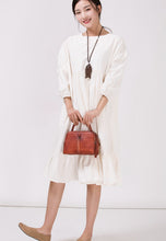 Load image into Gallery viewer, Women White Cotton Linen  Bat Sleeve Round Neck Loose Dress
