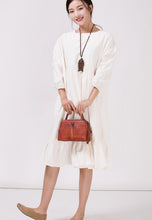 Load image into Gallery viewer, Women White Cotton Linen Bat Sleeve Round Neck Loose Dress