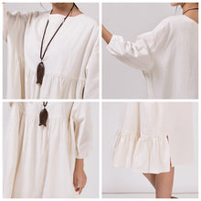 Load image into Gallery viewer, Women White Cotton Linen Bat Sleeve Round Neck Loose Dress