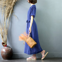 Load image into Gallery viewer, Women's Pinstripe Round Neck Waist Drawstring Maxi Dress