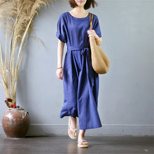 Load image into Gallery viewer, Women's Pinstripe Round Neck Waist Drawstring Maxi Dress