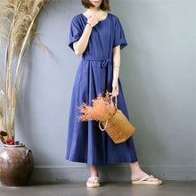 Load image into Gallery viewer, Women's Pinstripe Round Neck Waist Drawstring Maxi Dress