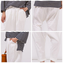 Load image into Gallery viewer, Women's White Cotton Linen Casual Elastic Waist Pants