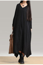 Load image into Gallery viewer, Fall Plus Size Maxi Black Linen Dress Q1656