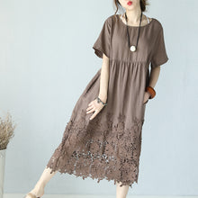 Load image into Gallery viewer, Casual Loose Fitting Round Neck Lace Linen Long Dress Q9901 - FantasyLinen