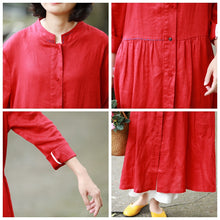 Load image into Gallery viewer, Loose Blue And Red Button Down Linen Maxi Dresses For Women Y753
