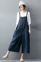 Load image into Gallery viewer, Navy Blue Cotton Linen Casual Loose Overalls Big Pocket Maxi Size Trousers Fashion Jumpsuit - FantasyLinen