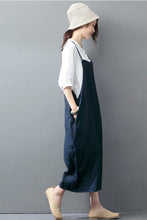 Load image into Gallery viewer, Navy Blue Cotton Linen Casual Loose Overalls Big Pocket Maxi Size Trousers Fashion Jumpsuit - FantasyLinen