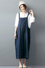 Load image into Gallery viewer, Navy Blue Cotton Linen Casual Loose Overalls Big Pocket Maxi Size Trousers Fashion Jumpsuit - FantasyLinen