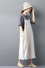 Load image into Gallery viewer, Beige Cotton Linen Casual Loose Overalls Big Pocket Maxi Size Trousers Fashion Jumpsuit - FantasyLinen
