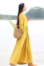 Load image into Gallery viewer, Embroidered Linen Dresses Long Sleeve Linen Caftans Gown For Fall/Winter - FantasyLinen