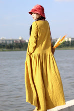 Load image into Gallery viewer, Embroidered Linen Dresses Long Sleeve Linen Caftans Gown For Fall/Winter - FantasyLinen