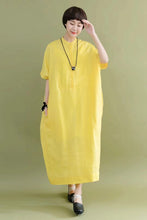 Load image into Gallery viewer, FantasyLinen Minimalism Summer Yellow Silk Linen Big Pocket Casual Loose Fitting Long Dresses

