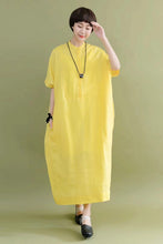 Load image into Gallery viewer, FantasyLinen Minimalism Summer Yellow Silk Linen Big Pocket Casual Loose Fitting Long Dresses